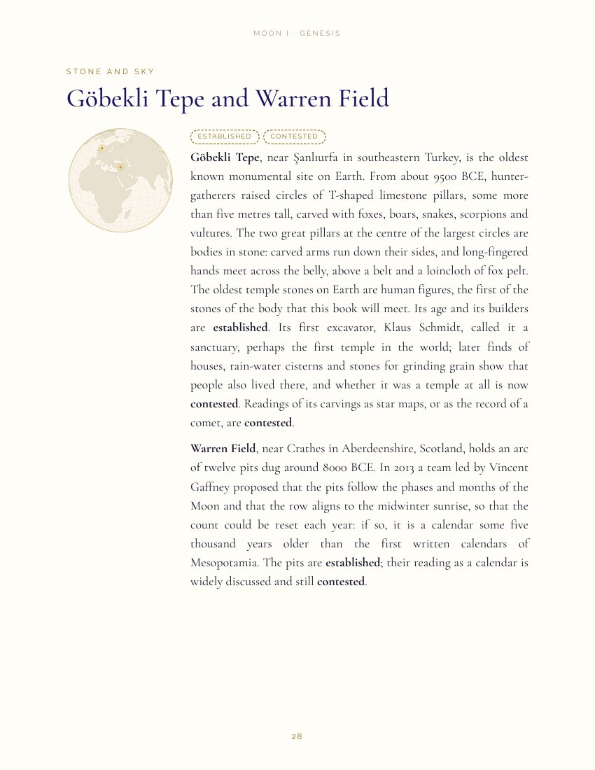 A Stone and Sky page about Göbekli Tepe and Warren Field, with a small globe